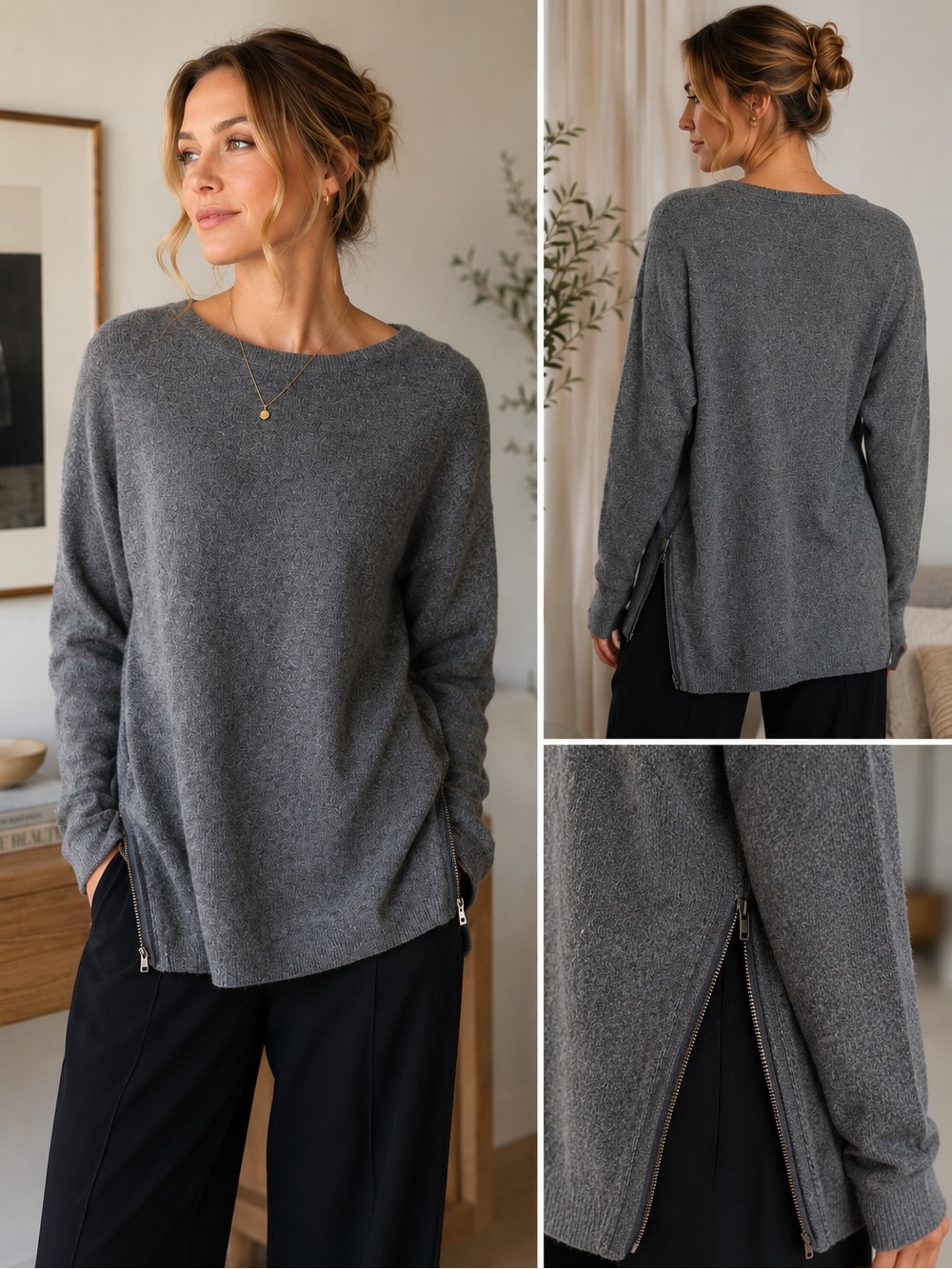 Neiman Marcus 100% cashmere gray sweater. Side zippers for Style. Sz. XS